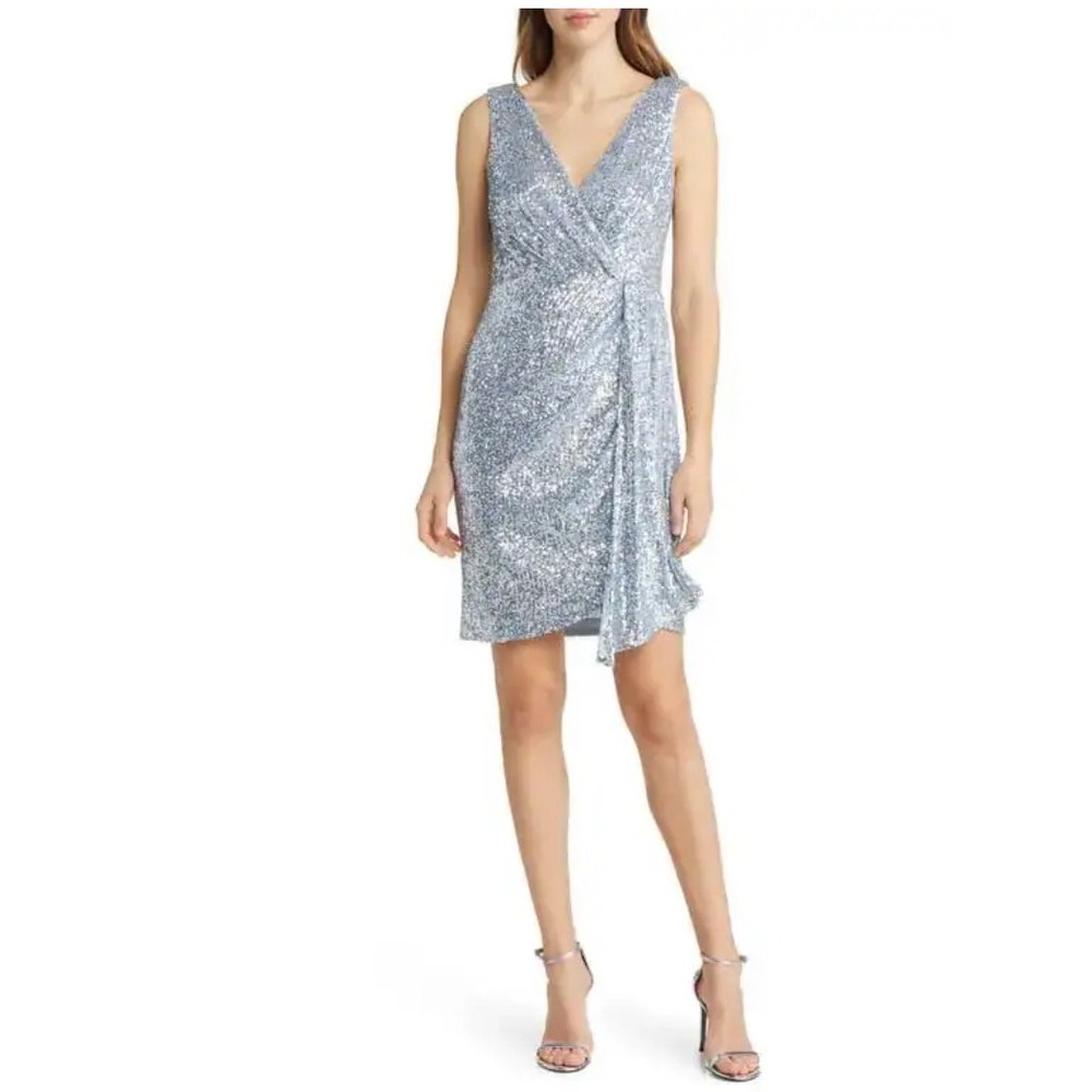 Eliza J Womens Light Blue Sequin V-Neck Side Drape Cocktail Dress Size 8 NEW